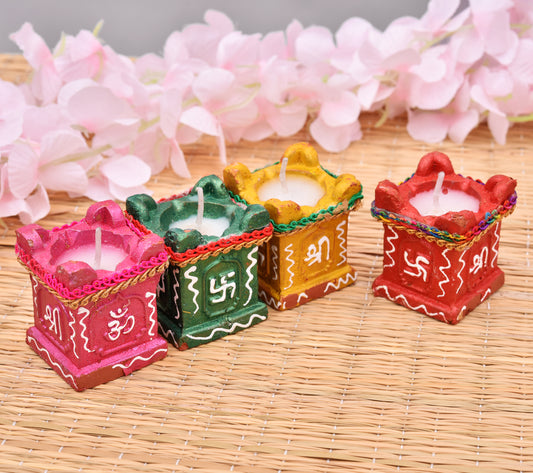 Decorative Tulsi Diya Set of 4, Multicolor (Tulsi Wax Diya)